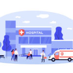 Hospitalized patients and doctors near hospital flat vector illustration. Cartoon people in front of medical building.