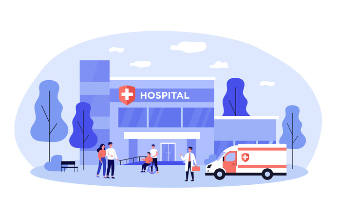 Hospitalized patients and doctors near hospital flat vector illustration. Cartoon people in front of medical building.