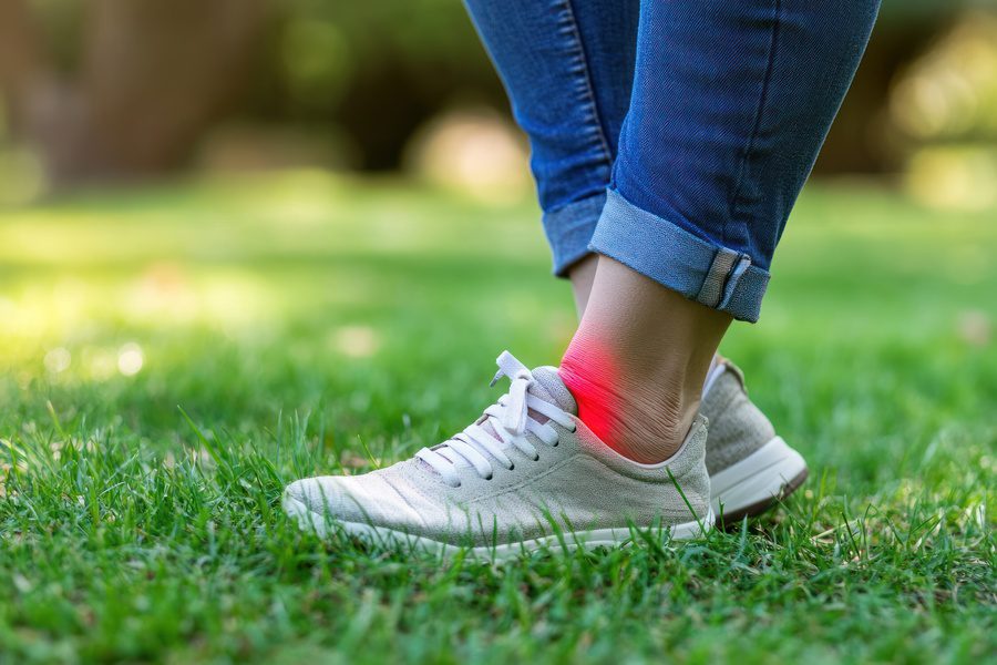 Close-up of a woman's ankle in pain while wearing white sneakers and jeans, standing on grass.