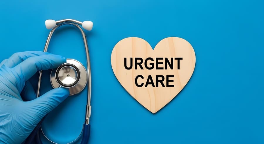 Doctors hand in blue glove holding stethoscope near wooden heart sign with urgent care