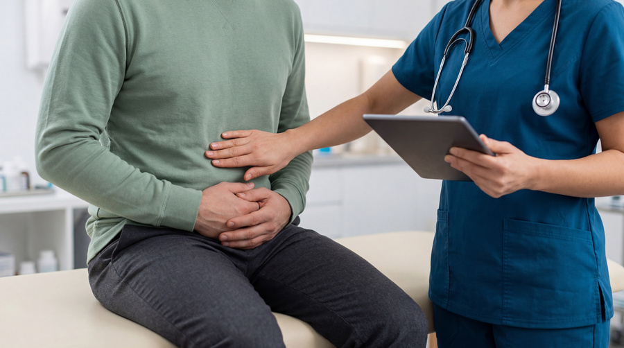 Doctor examines male patient complaining of abdominal pain in a urgent care clinic.