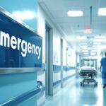 emergency room corridor with a clear sign indicating "Emergency" and a medical professional walking towards a stretcher