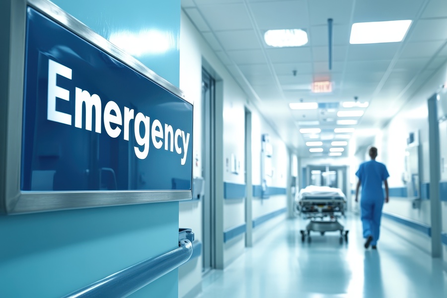 emergency room corridor with a clear sign indicating "Emergency" and a medical professional walking towards a stretcher